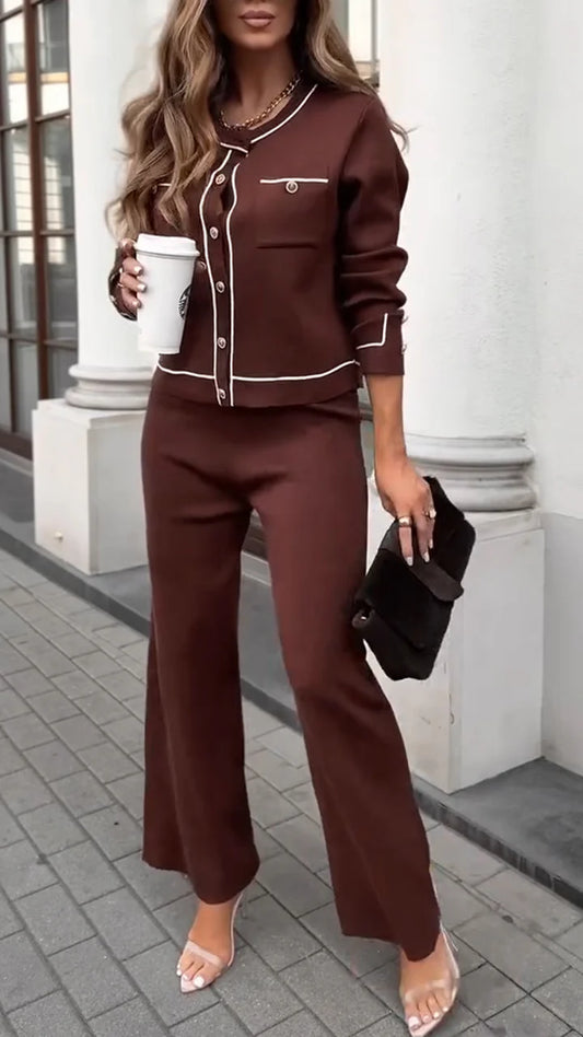 Beyond Raw Round-neck Button-down Top + Pants Casual Co-ord Suit
