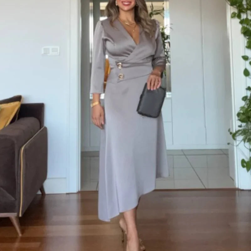 Beyond Raw Elegant Solid V-Neck Wrap Dress