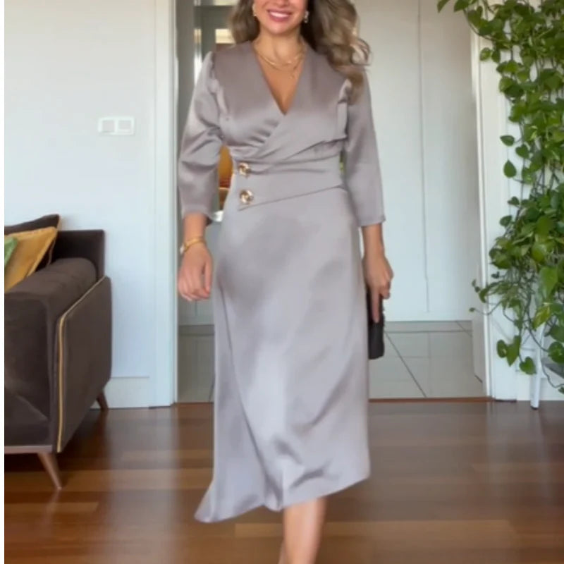 Beyond Raw Elegant Solid V-Neck Wrap Dress